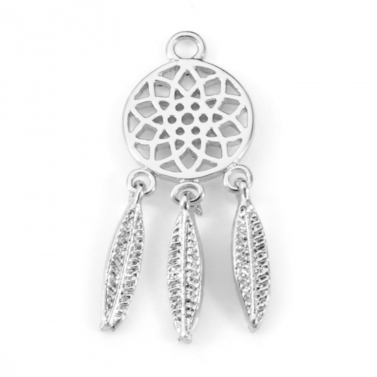 Imagen de Latón Colgantes Charms Capta Sueño Platino Real Chapado Pluma Hueco 24mm x 9mm, 2 Unidades