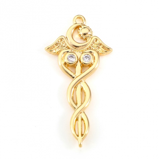 Picture of Brass Religious Pendants 18K Real Gold Plated Half Moon Medical Alert ID Caduceus Clear Cubic Zirconia 3.1cm x 1.5cm, 2 PCs