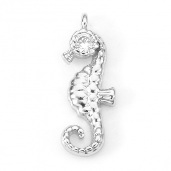 Image de Breloques Bijoux d'Océan en Laiton Cheval de Mer Plaqué Platine Véritable à Zircone Cubique Clair 15mm x 5.5mm, 2 Pcs