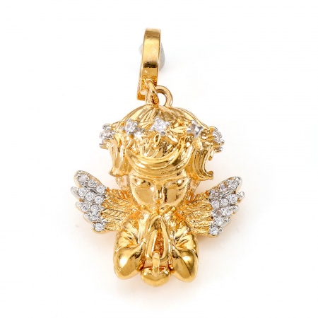 Ottone Micro Intarsio Ciondoli Angelo 18K Vero Oro Placcato 3D Trasparente Cubic Zirconiae 3.2cm x 1.9cm, 1 Pz