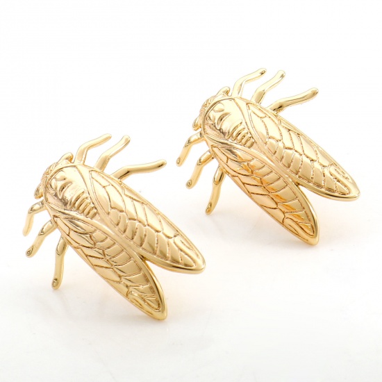 Picture of Brass Insect Earring Accessories 18K Real Gold Plated Cicada With Loop 23mm x 20mm, Post/ Wire Size: (19 gauge), 2 PCs