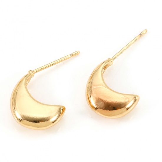 Picture of Brass Ear Post Stud Earrings 18K Real Gold Plated Half Moon 13mm x 4mm, Post/ Wire Size: (20 gauge), 2 PCs