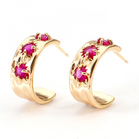 Picture of Brass Hoop Earrings C Shape 18K Real Gold Plated Fuchsia Cubic Zirconia 17mm x 6.5mm, Post/ Wire Size: (21 gauge), 2 PCs