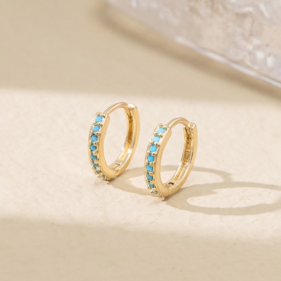 Picture of Brass Y2K Hoop Earrings 14K Gold Color Blue Imitation Turquoise 13mm Dia., 1 Pair                                                                                                                                                                             