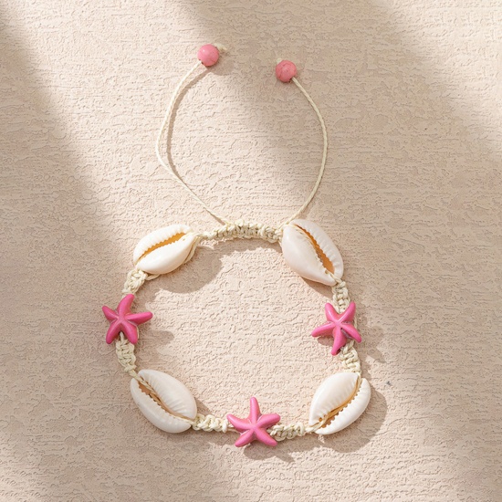 Shell Ocean Jewelry Braided Bracelets White & Fuchsia Star Fish 6cm - 8cm Dia., 1 Piece の画像