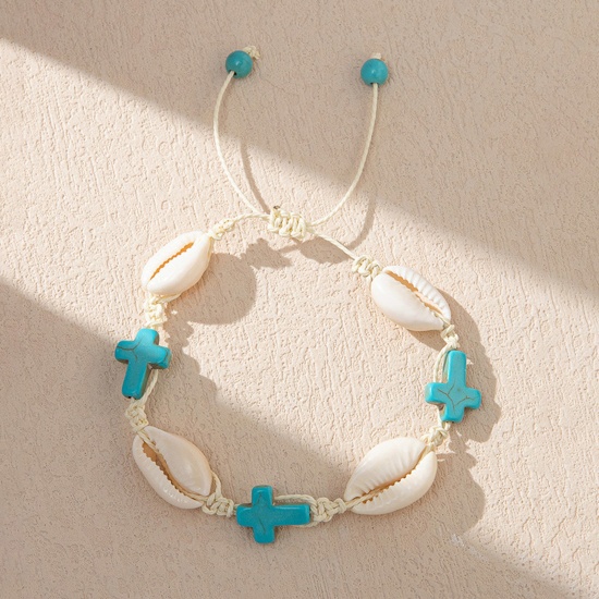 Shell Ocean Jewelry Braided Bracelets White & Blue Cross 6cm - 8cm Dia., 1 Piece の画像