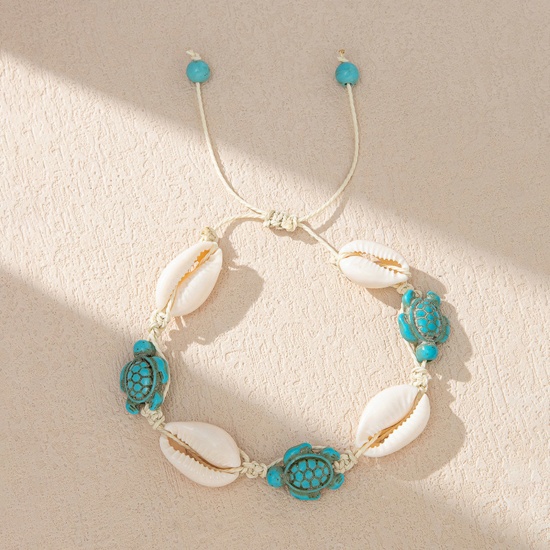Shell Ocean Jewelry Braided Bracelets White & Blue Sea Turtle Animal 6cm - 8cm Dia., 1 Piece の画像