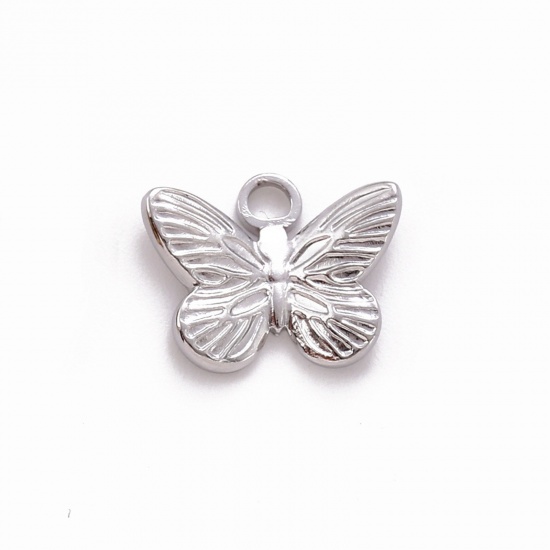 Picture of Eco-friendly 304 Stainless Steel Insect Charms Silver Tone Butterfly Animal 15mm x 12mm, 1 Piece