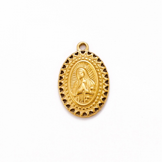Bild von Umweltfreundliche Vakuumbeschichtung 304 Edelstahl Religiös Charms Oval 18K Gold plattiert Heilige Maria Mutter Gottes 21mm x 13mm, 1 Stück