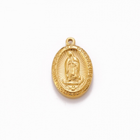Immagine di Placcatura Sottovuoto Ecologica 304 Acciaio Inossidabile Religione Charms Ovale Placcato Oro 18K Vergine Maria 23mm x 15mm, 1 Pz