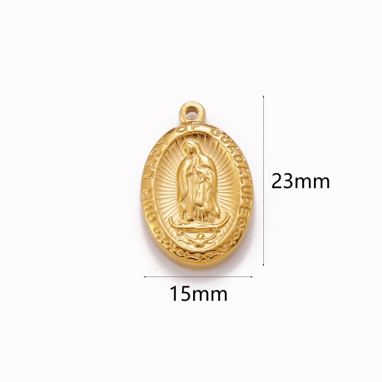 Immagine di Placcatura Sottovuoto Ecologica 304 Acciaio Inossidabile Religione Charms Ovale Placcato Oro 18K Vergine Maria 23mm x 15mm, 1 Pz