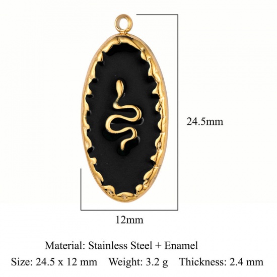 Immagine di Placcatura Sottovuoto Ecologica 304 Acciaio Inossidabile Charms Ovale Placcato Oro 18K Nero Serpente Smalto 24.5mm x 12mm, 1 Pz