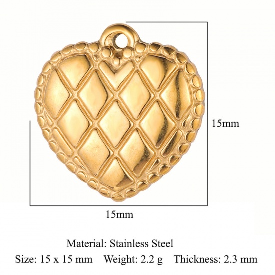 Picture of Eco-friendly Vacuum Plating 304 Stainless Steel Valentine's Day Charms 18K Gold Color Heart Texture 15mm x 15mm, 1 Piece