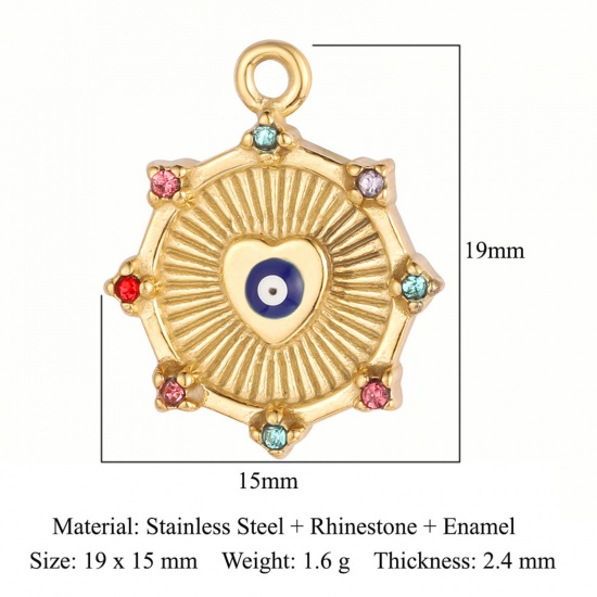 Picture of Eco-friendly Vacuum Plating 304 Stainless Steel Religious Charms 18K Gold Color Round Evil Eye Multicolor Rhinestone 19mm x 15mm, 1 Piece