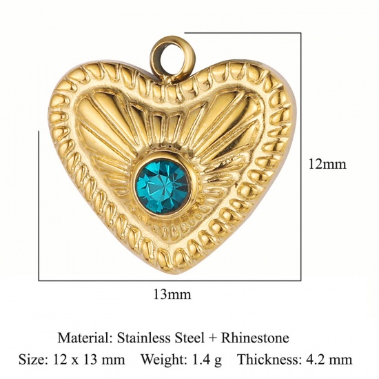 Picture of Eco-friendly Vacuum Plating 304 Stainless Steel Valentine's Day Charms 18K Gold Color Heart Green Blue Rhinestone 13mm x 12mm, 1 Piece