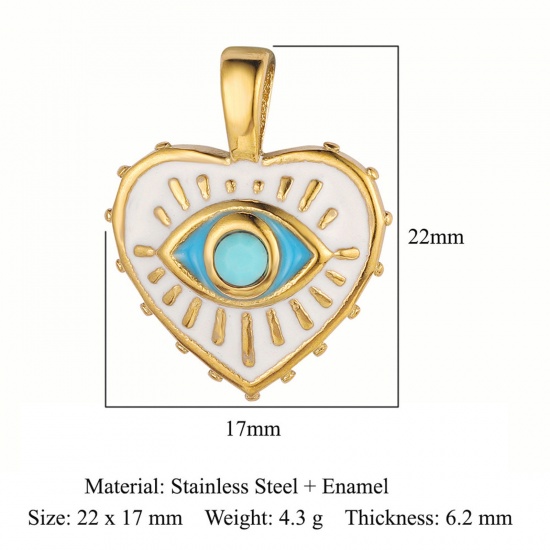 Picture of Eco-friendly Vacuum Plating 304 Stainless Steel Valentine's Day Charms 18K Gold Color White & Blue Heart Eye of Providence/ All-seeing Eye Enamel 22mm x 17mm, 1 Piece