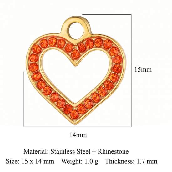 Picture of Eco-friendly Vacuum Plating 304 Stainless Steel Valentine's Day Charms 18K Gold Color Heart Orange Rhinestone 15mm x 14mm, 1 Piece