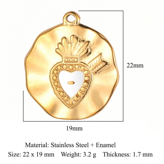 Picture of Eco-friendly Vacuum Plating 304 Stainless Steel Religious Charms 18K Gold Color White Ex Voto Heart Enamel 22mm x 19mm, 1 Piece
