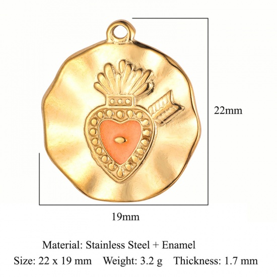 Picture of Eco-friendly Vacuum Plating 304 Stainless Steel Religious Charms 18K Gold Color Orange Ex Voto Heart Enamel 22mm x 19mm, 1 Piece