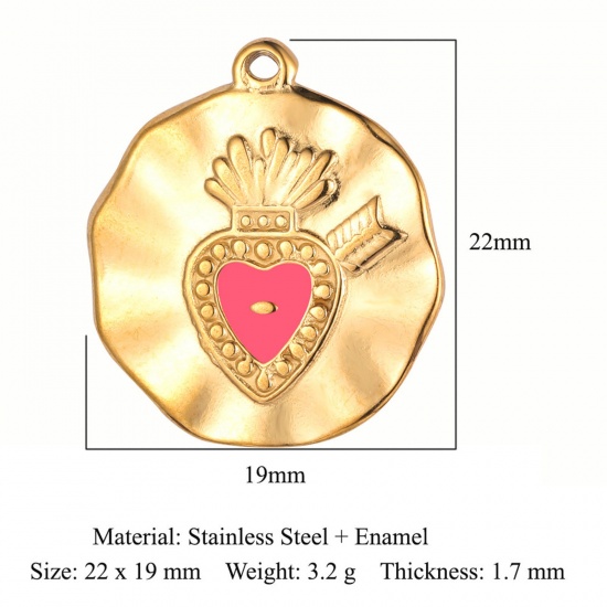 Picture of Eco-friendly Vacuum Plating 304 Stainless Steel Religious Charms 18K Gold Color Fuchsia Ex Voto Heart Enamel 22mm x 19mm, 1 Piece