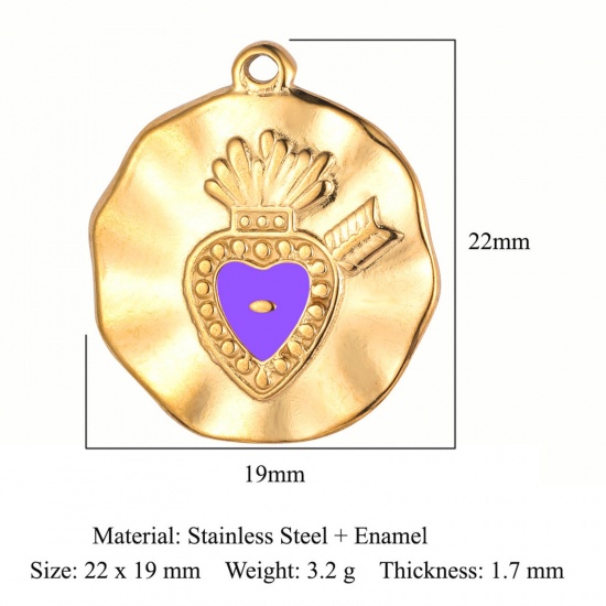Picture of Eco-friendly Vacuum Plating 304 Stainless Steel Religious Charms 18K Gold Color Purple Ex Voto Heart Enamel 22mm x 19mm, 1 Piece