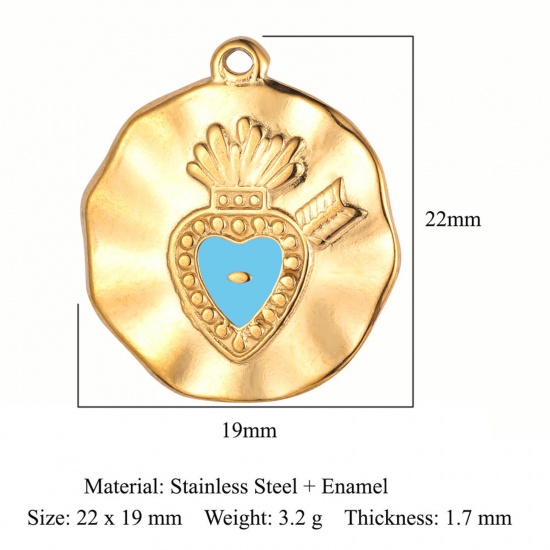 Picture of Eco-friendly Vacuum Plating 304 Stainless Steel Religious Charms 18K Gold Color Blue Ex Voto Heart Enamel 22mm x 19mm, 1 Piece