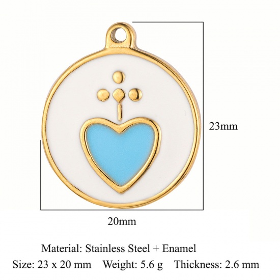 Picture of Eco-friendly Vacuum Plating 304 Stainless Steel Religious Charms 18K Gold Color Blue Round Heart Enamel 23mm x 20mm, 1 Piece