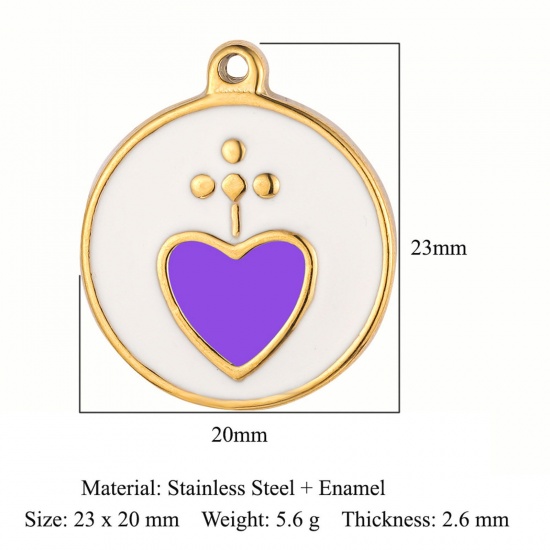Picture of Eco-friendly Vacuum Plating 304 Stainless Steel Religious Charms 18K Gold Color Purple Round Heart Enamel 23mm x 20mm, 1 Piece