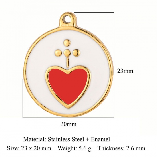 Picture of Eco-friendly Vacuum Plating 304 Stainless Steel Religious Charms 18K Gold Color Red Round Heart Enamel 23mm x 20mm, 1 Piece