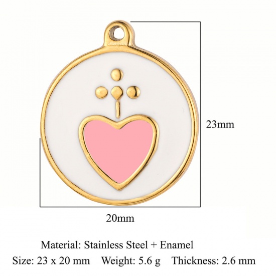 Picture of Eco-friendly Vacuum Plating 304 Stainless Steel Religious Charms 18K Gold Color Light Pink Round Heart Enamel 23mm x 20mm, 1 Piece