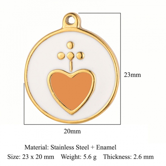 Picture of Eco-friendly Vacuum Plating 304 Stainless Steel Religious Charms 18K Gold Color Orange Round Heart Enamel 23mm x 20mm, 1 Piece