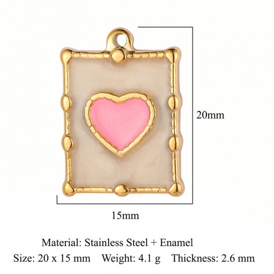 Picture of Eco-friendly Vacuum Plating 304 Stainless Steel Valentine's Day Charms 18K Gold Color Light Pink Rectangle Heart Enamel 20mm x 15mm, 1 Piece