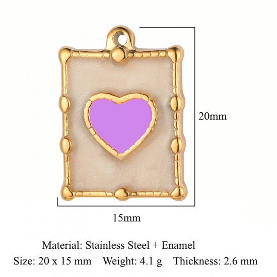 Picture of Eco-friendly Vacuum Plating 304 Stainless Steel Valentine's Day Charms 18K Gold Color Purple Rectangle Heart Enamel 20mm x 15mm, 1 Piece