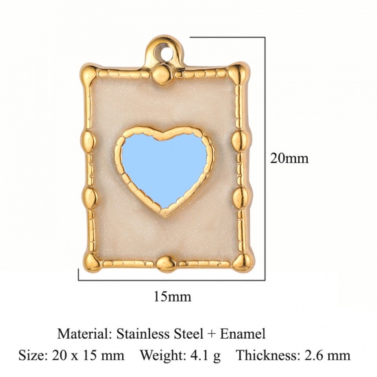 Picture of Eco-friendly Vacuum Plating 304 Stainless Steel Valentine's Day Charms 18K Gold Color Blue Rectangle Heart Enamel 20mm x 15mm, 1 Piece