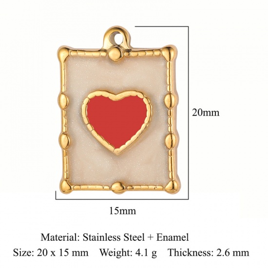 Picture of Eco-friendly Vacuum Plating 304 Stainless Steel Valentine's Day Charms 18K Gold Color Red Rectangle Heart Enamel 20mm x 15mm, 1 Piece
