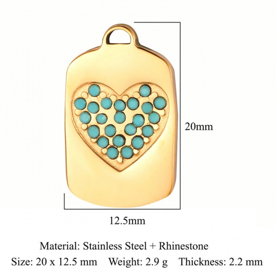 Picture of Eco-friendly Vacuum Plating 304 Stainless Steel Valentine's Day Charms 18K Gold Color Rectangle Heart Green Rhinestone 20mm x 12.5mm, 1 Piece