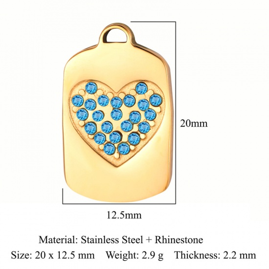 Picture of Eco-friendly Vacuum Plating 304 Stainless Steel Valentine's Day Charms 18K Gold Color Rectangle Heart Blue Rhinestone 20mm x 12.5mm, 1 Piece