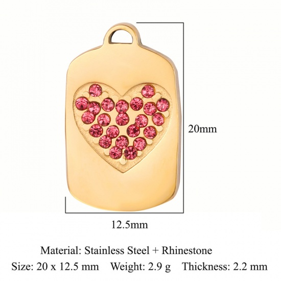 Picture of Eco-friendly Vacuum Plating 304 Stainless Steel Valentine's Day Charms 18K Gold Color Rectangle Heart Pink Rhinestone 20mm x 12.5mm, 1 Piece