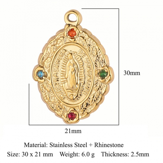 Picture of Eco-friendly Vacuum Plating 304 Stainless Steel Religious Pendants 18K Gold Color Oval Virgin Mary Multicolor Rhinestone 30mm x 21mm, 1 Piece