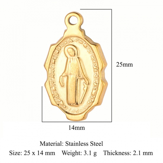 Picture of Eco-friendly Vacuum Plating 304 Stainless Steel Religious Charms 18K Gold Color Oval Virgin Mary 25mm x 14mm, 1 Piece