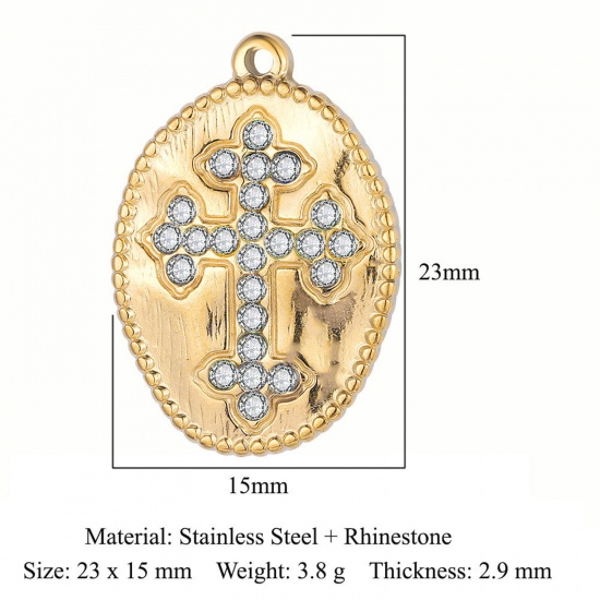 Picture of Eco-friendly Vacuum Plating 304 Stainless Steel Religious Charms 18K Gold Color Oval Cross Clear Rhinestone 21mm x 15mm, 1 Piece
