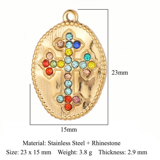 Picture of Eco-friendly Vacuum Plating 304 Stainless Steel Religious Charms 18K Gold Color Oval Cross Multicolor Rhinestone 23mm x 15mm, 1 Piece