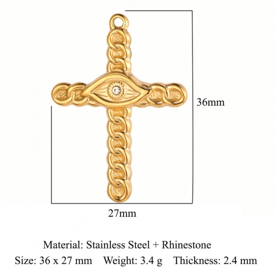 Picture of Eco-friendly Vacuum Plating 304 Stainless Steel Religious Pendants 18K Gold Color Eye Cross Clear Rhinestone 36mm x 27mm, 1 Piece