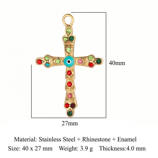 Picture of Eco-friendly Vacuum Plating 304 Stainless Steel Religious Pendants 18K Gold Color Evil Eye Cross Multicolor Rhinestone 40mm x 27mm, 1 Piece