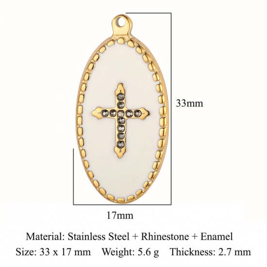 Picture of Eco-friendly Vacuum Plating 304 Stainless Steel Religious Pendants 18K Gold Color White Oval Cross Enamel Gray Rhinestone 33mm x 17mm, 1 Piece