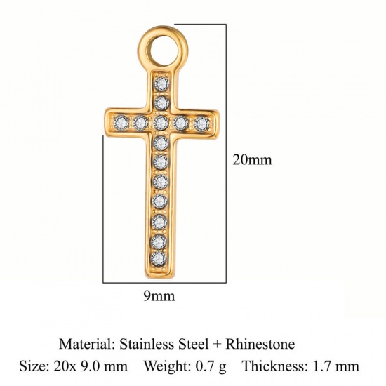 Picture of Eco-friendly Vacuum Plating 304 Stainless Steel Religious Charms 18K Gold Color Cross Clear Rhinestone 20mm x 9mm, 1 Piece