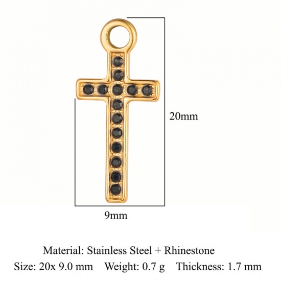 Picture of Eco-friendly Vacuum Plating 304 Stainless Steel Religious Charms 18K Gold Color Cross Black Rhinestone 20mm x 9mm, 1 Piece