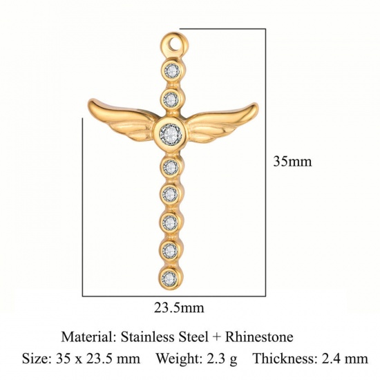 Picture of Eco-friendly Vacuum Plating 304 Stainless Steel Religious Pendants 18K Gold Color Wing Cross Clear Rhinestone 35mm x 23.5mm, 1 Piece