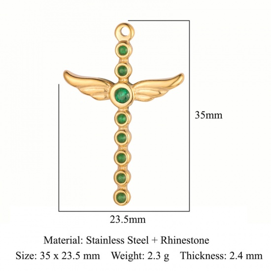 Picture of Eco-friendly Vacuum Plating 304 Stainless Steel Religious Pendants 18K Gold Color Wing Cross Green Rhinestone 35mm x 23.5mm, 1 Piece