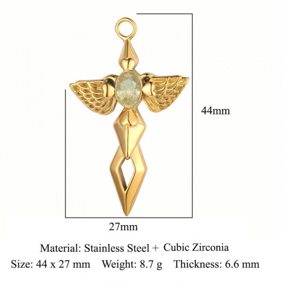 Picture of Eco-friendly Vacuum Plating 304 Stainless Steel Religious Pendants 18K Gold Color Wing Cross Champagne Rhinestone 44mm x 27mm, 1 Piece